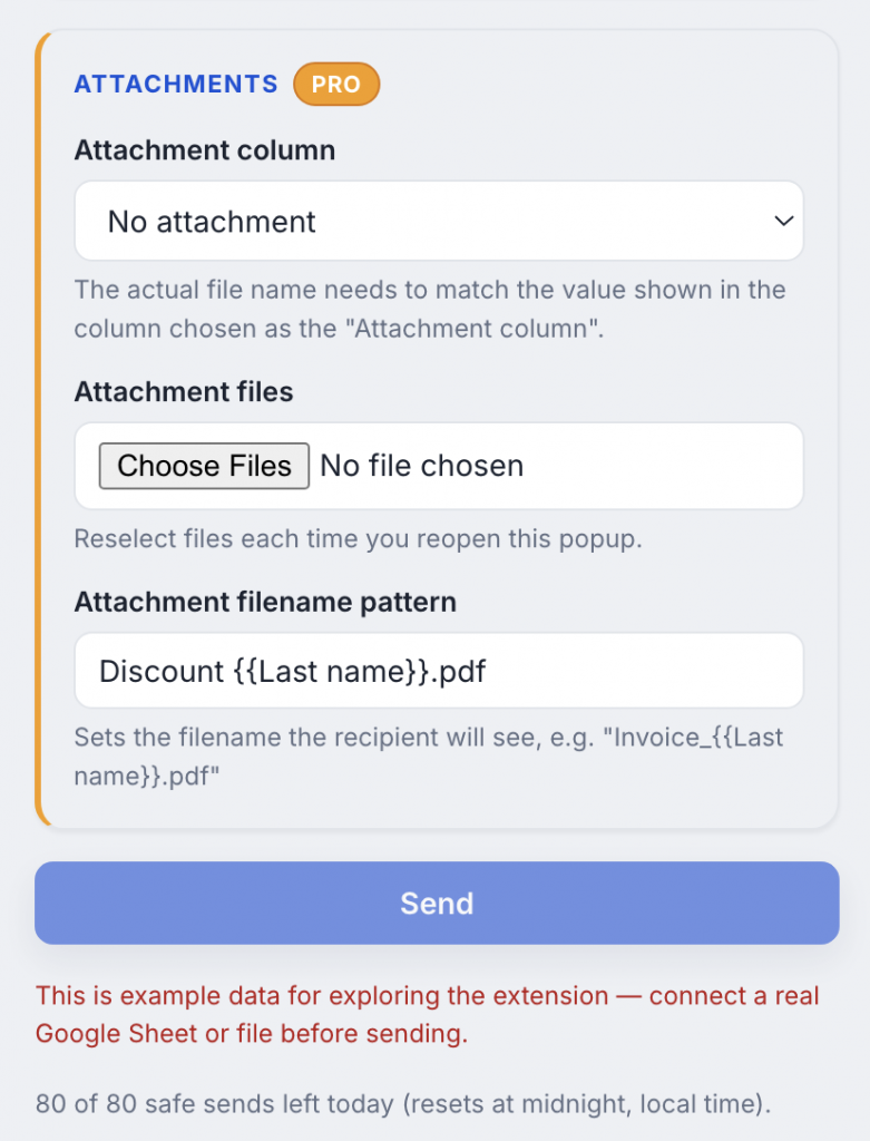 Mail Merge Attachments panel for sending a different attachment to each recipient.
