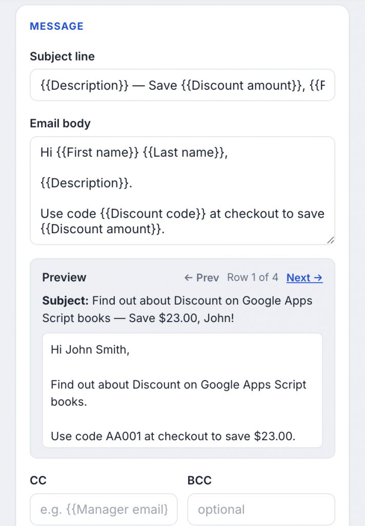 Mail Merge preview panel showing a personalized subject line and email body.