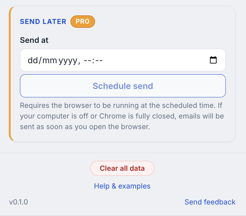Mail Merge Send Later panel for scheduling a Gmail send in advance.
