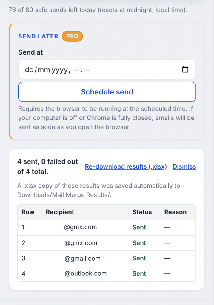 Mail Merge send results table showing successful sends with status and timestamp.